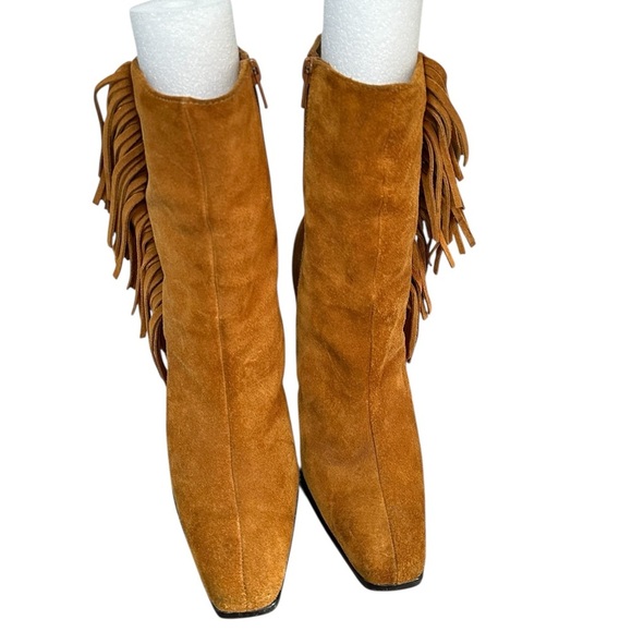 Predictions Tan Suede Fringe Heeled Boots 8.5 Western Boho - Picture 2 of 4